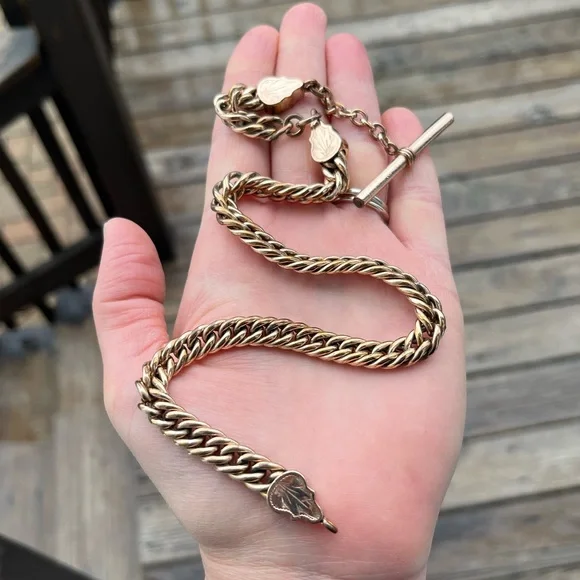 62.32 Gram Antique Gold Filled Albert Watch Curb Chain with T-Bar- 15.5” - Picture 1 of 14